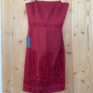 strapless maroon dress with embroidered details